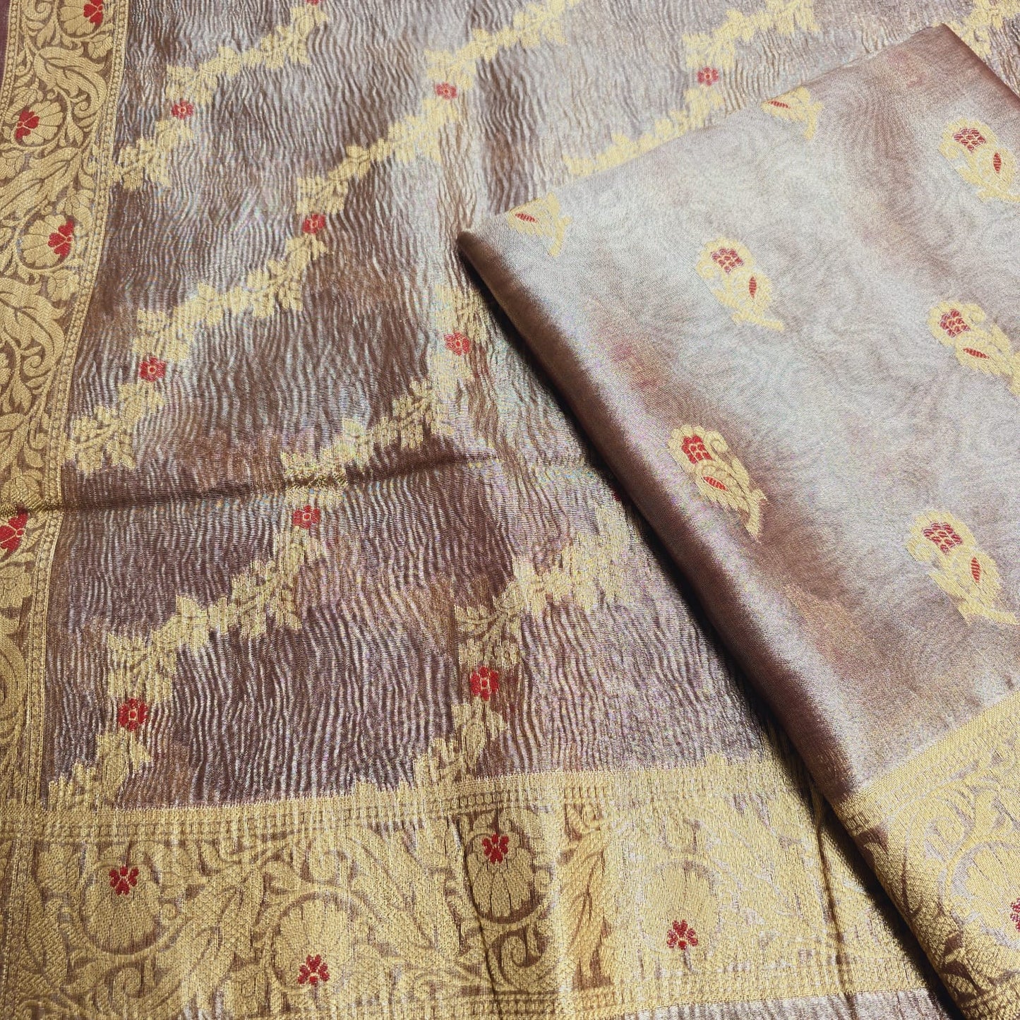 Purple meendar tissue kurta, crush meendar dupatta, plain cotton silk bottom