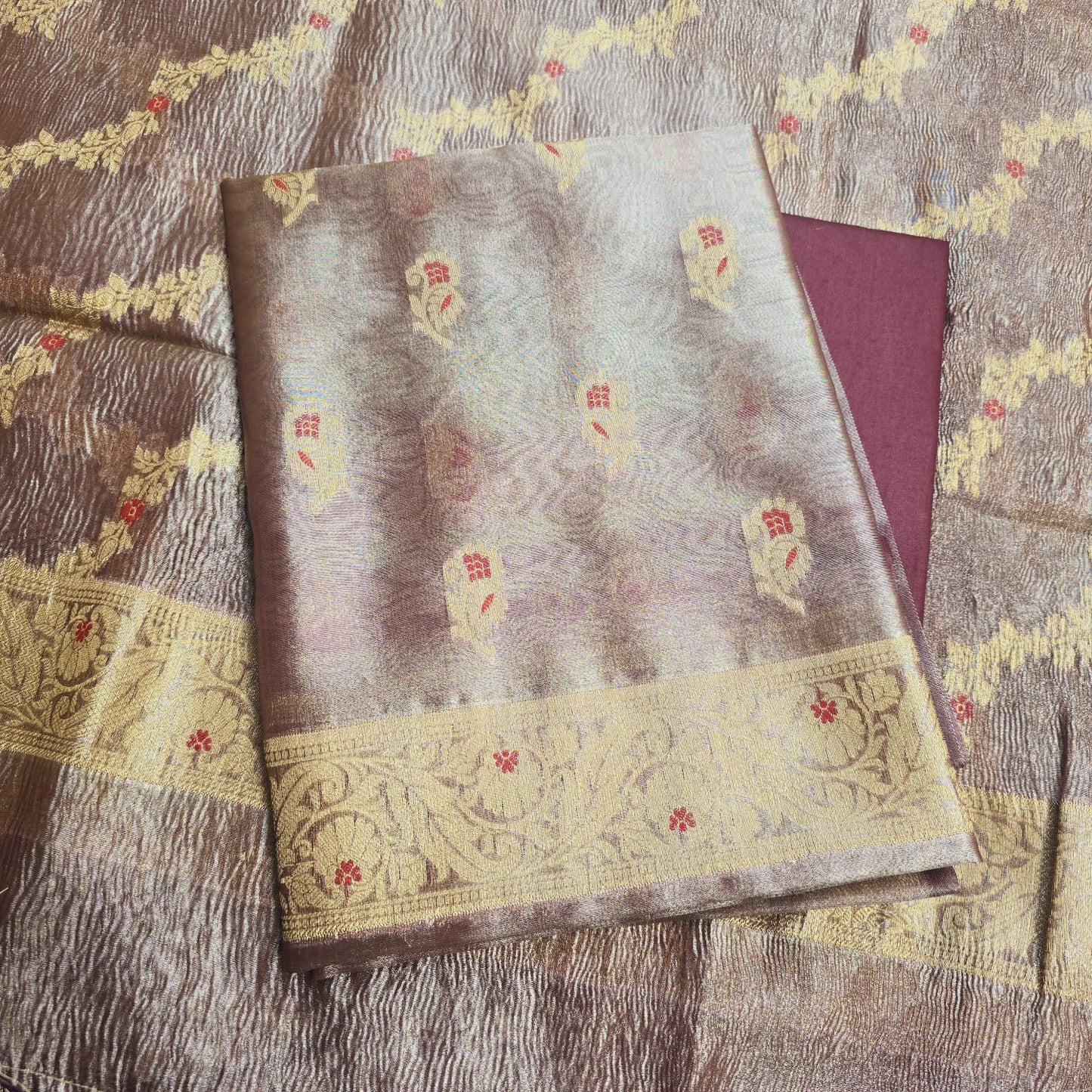 Purple meendar tissue kurta, crush meendar dupatta, plain cotton silk bottom