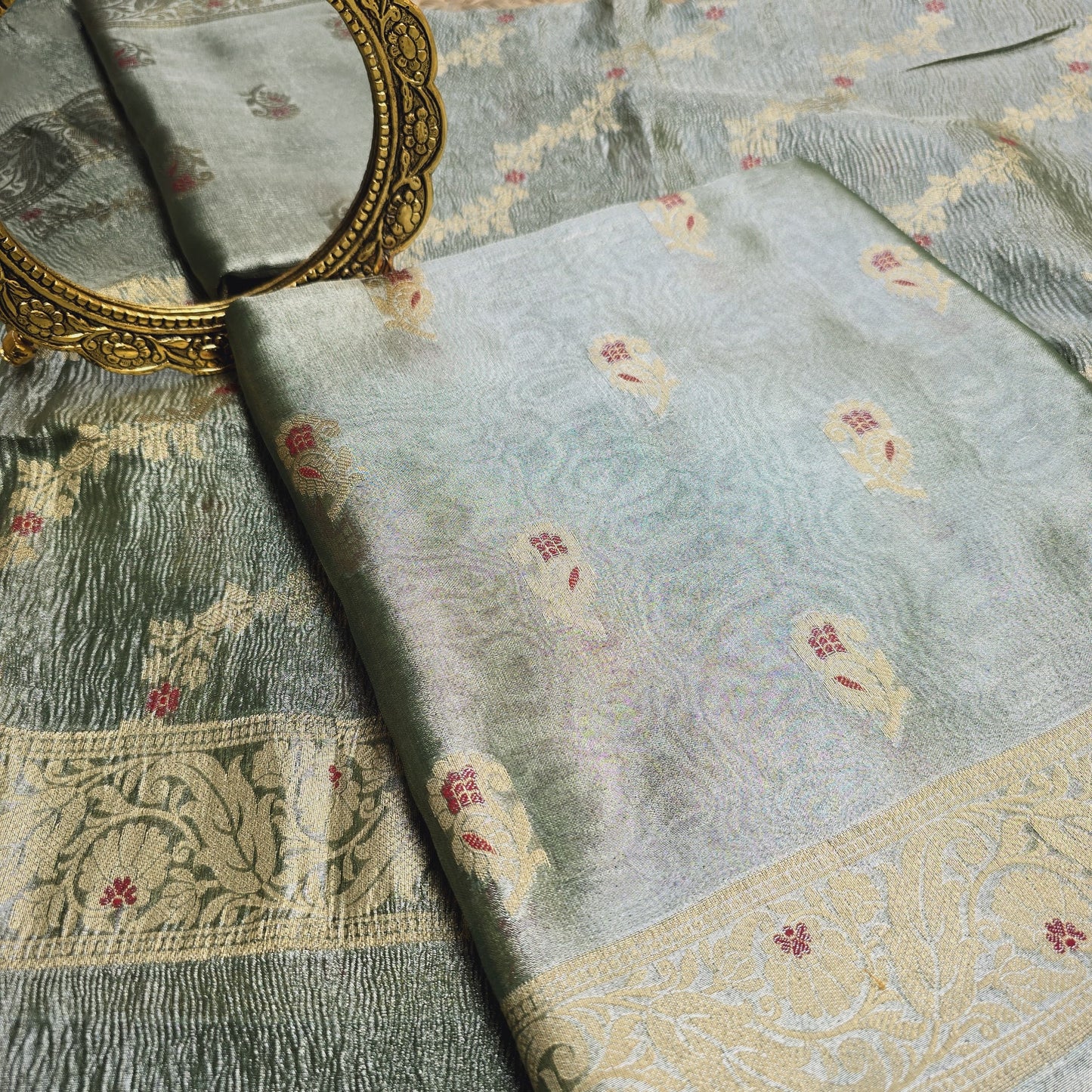 Green tissue meenadar kurta, crush tissue dupatta , cotton silk bottom.