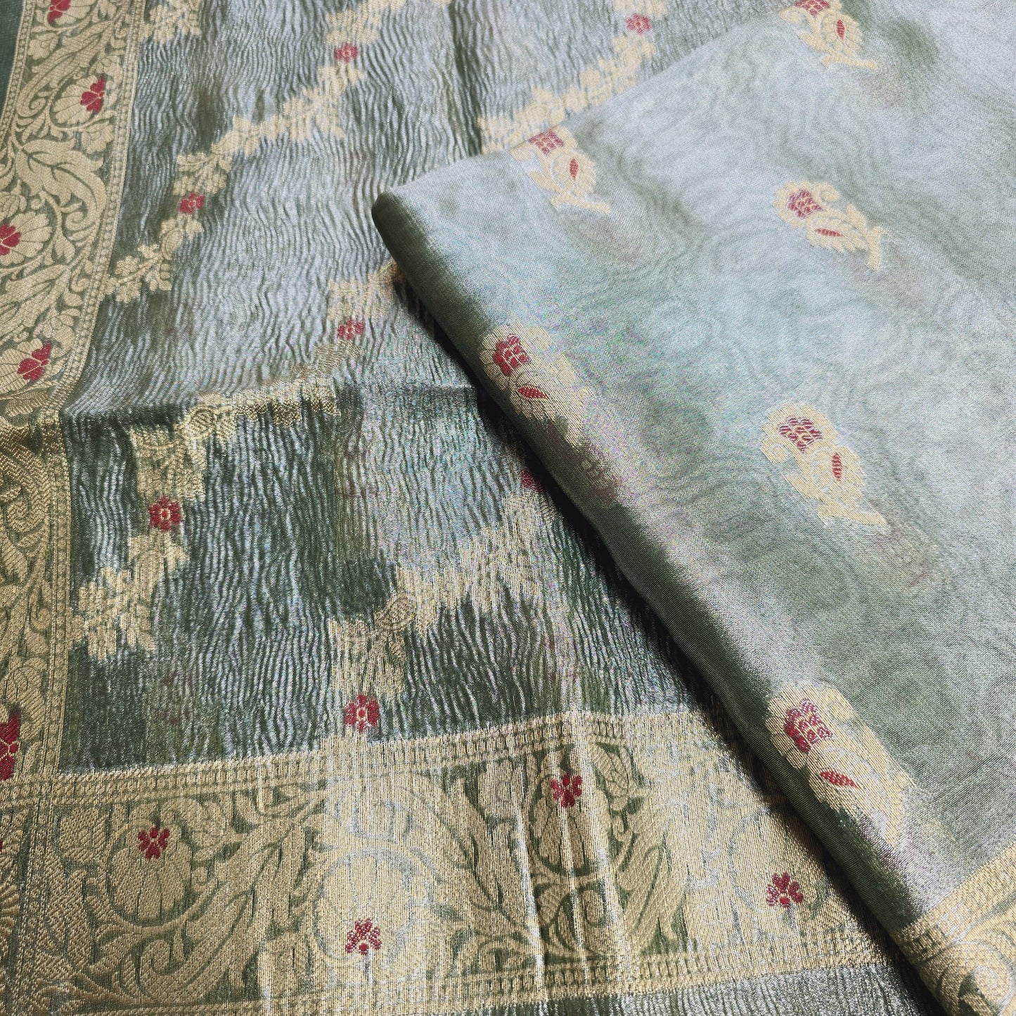Green tissue meenadar kurta, crush tissue dupatta , cotton silk bottom.