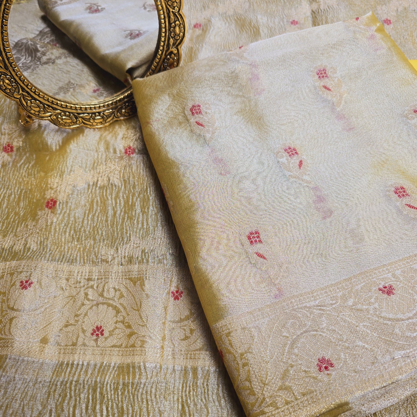 Yellow Meendar tissue kurta, meendar crush tissue dupatta, plain cotton silk bottom.