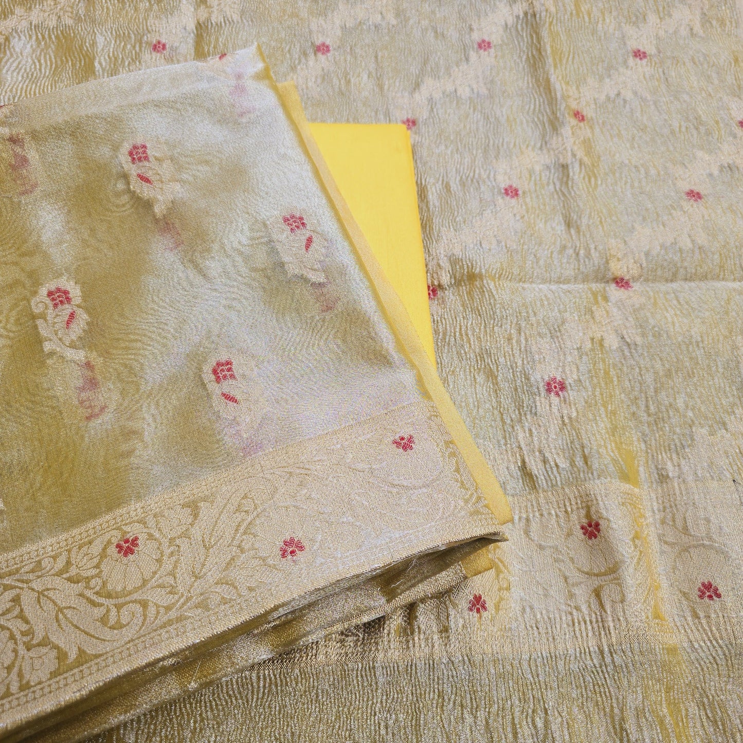 Yellow Meendar tissue kurta, meendar crush tissue dupatta, plain cotton silk bottom.