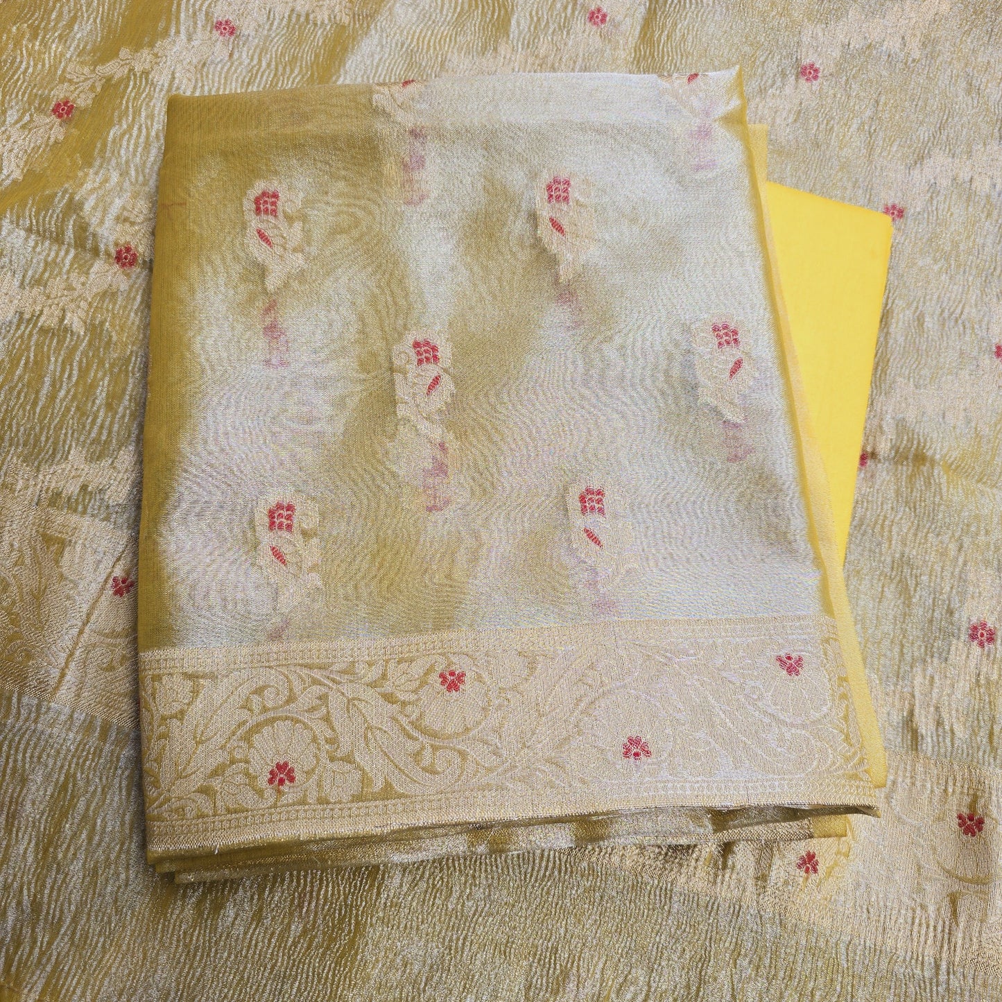 Yellow Meendar tissue kurta, meendar crush tissue dupatta, plain cotton silk bottom.