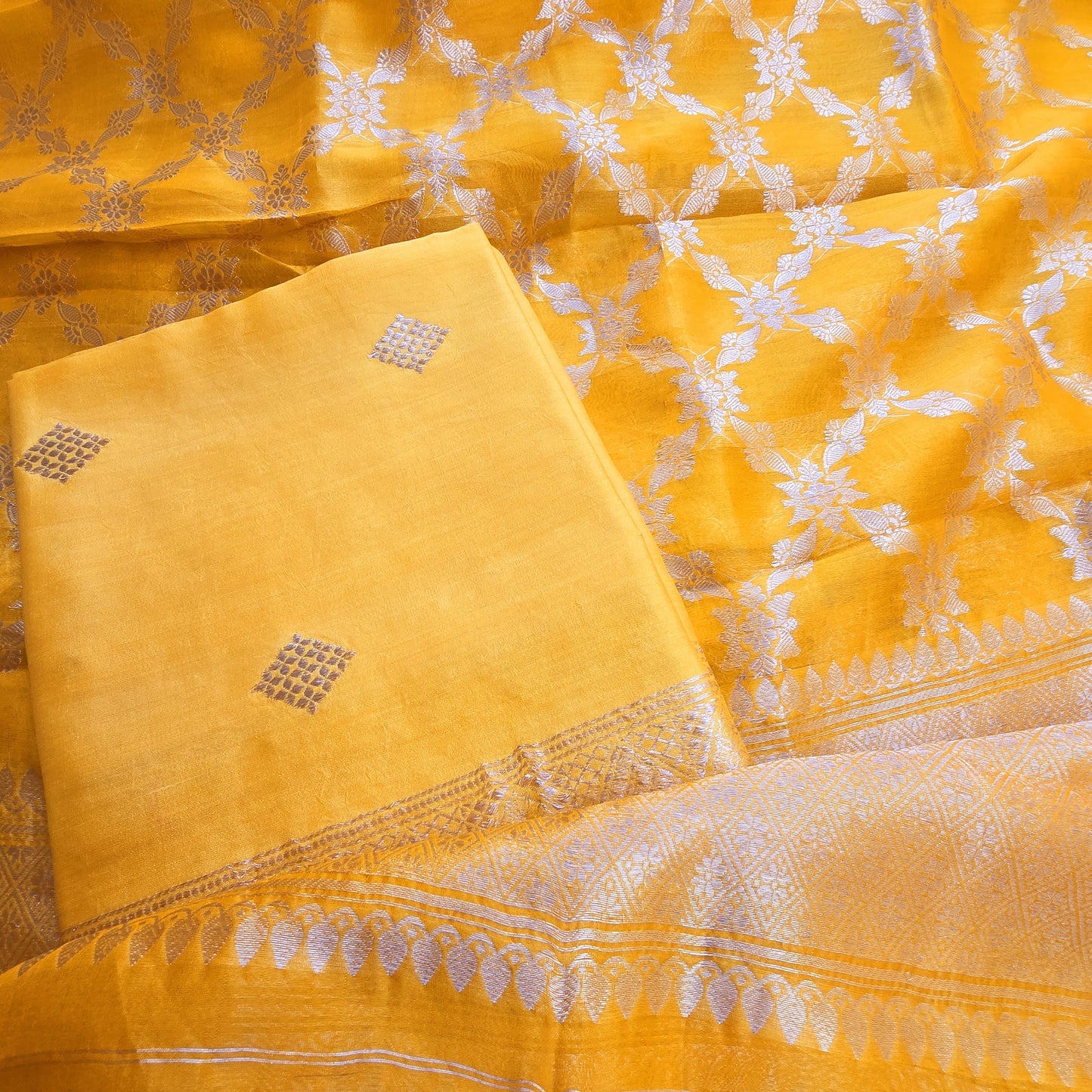 Yellow chiniya silk kurta, kora silk dupatta , plain bottom