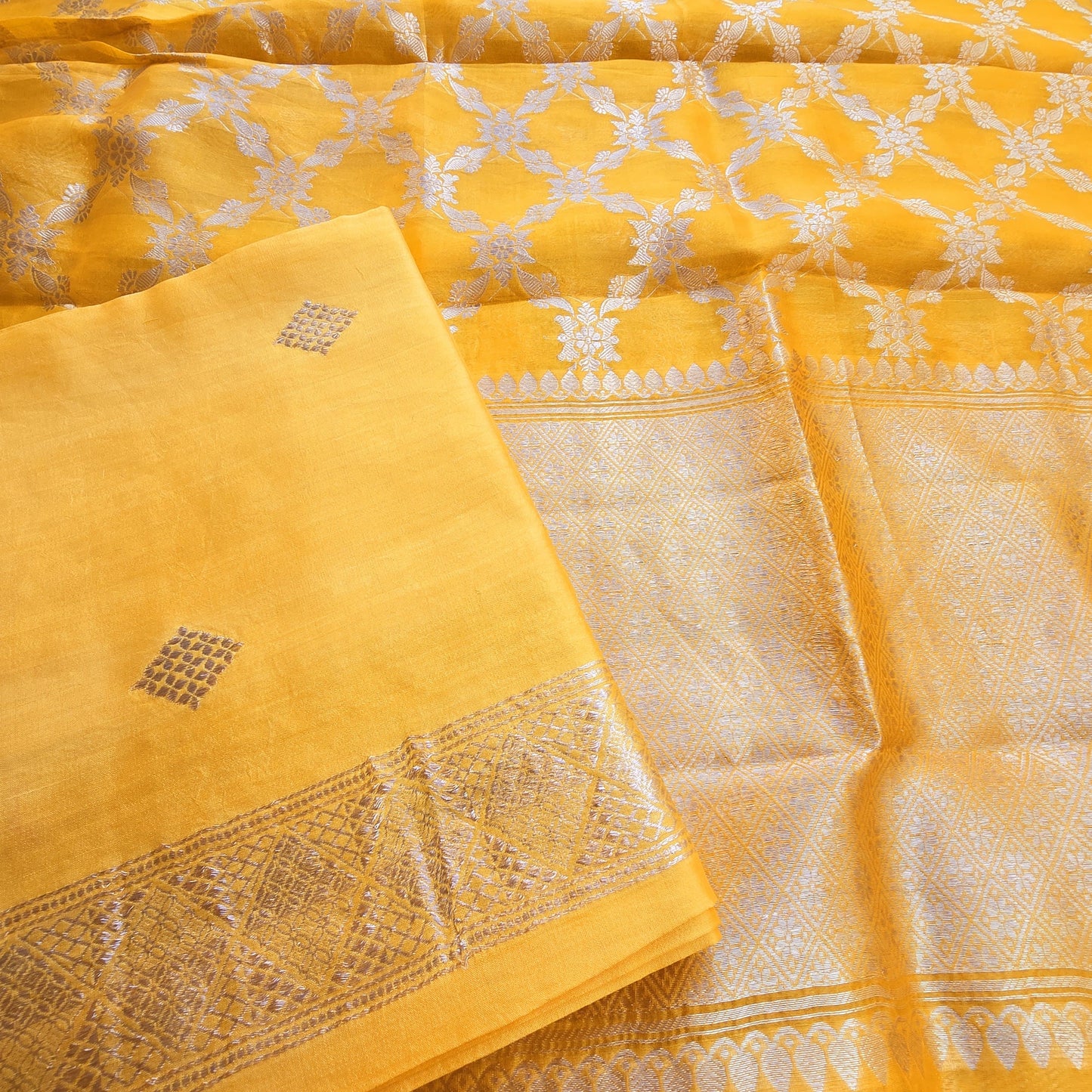 Yellow chiniya silk kurta, kora silk dupatta , plain bottom