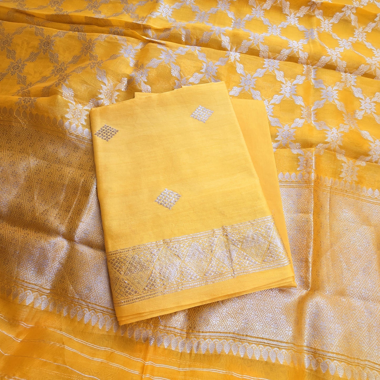 Yellow chiniya silk kurta, kora silk dupatta , plain bottom