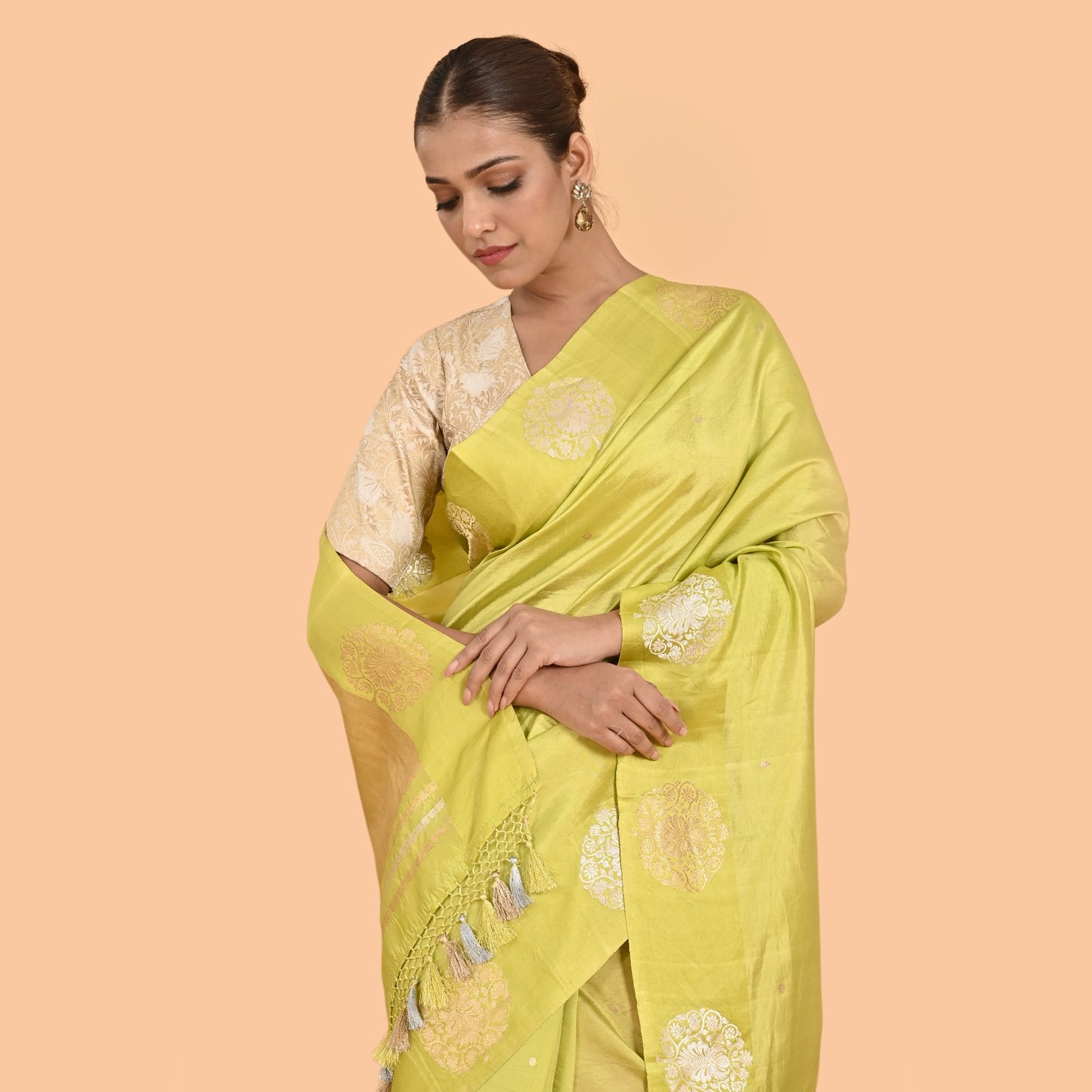Lime green mango silk kadhwa saree