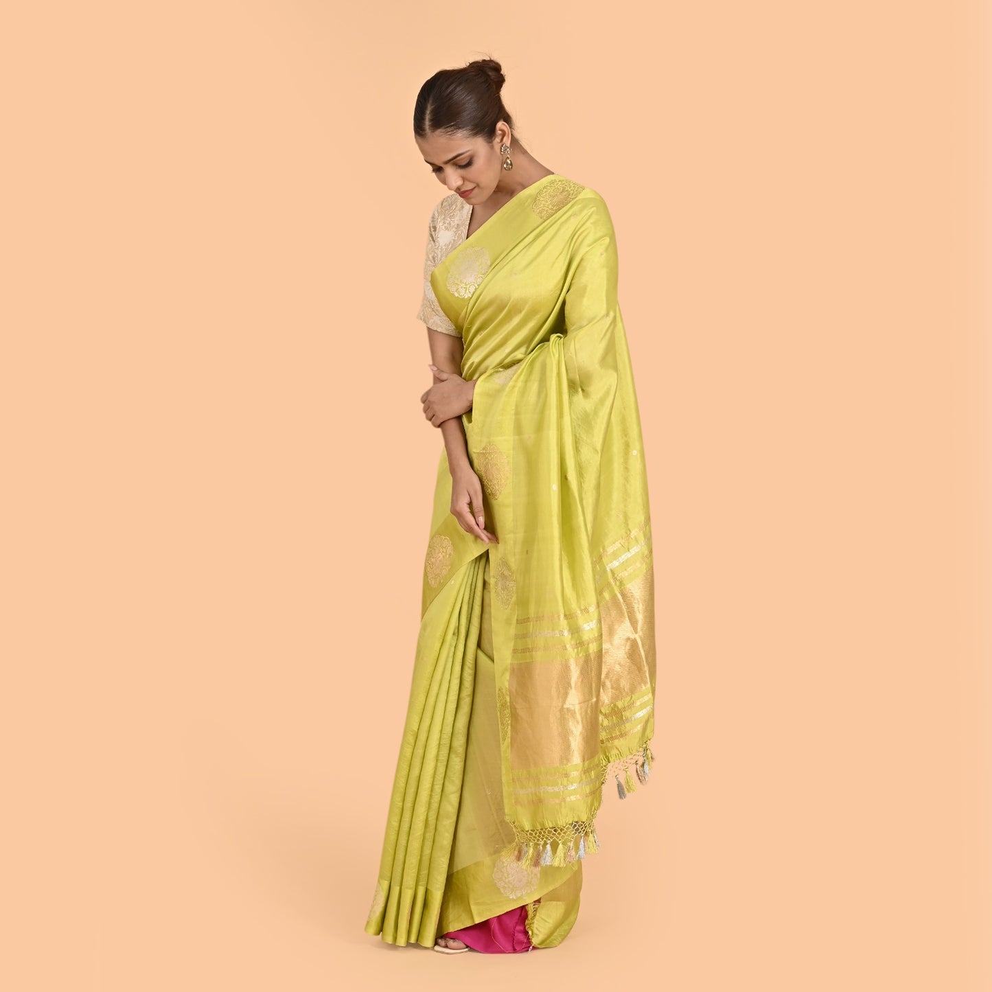 Lime green mango silk kadhwa saree