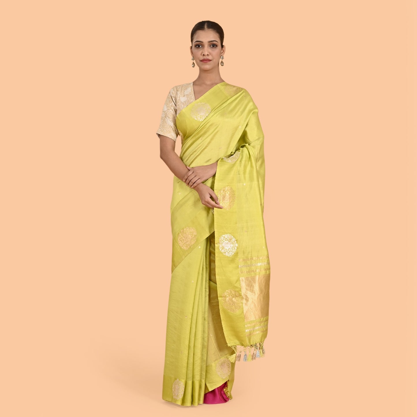 Lime green mango silk kadhwa saree