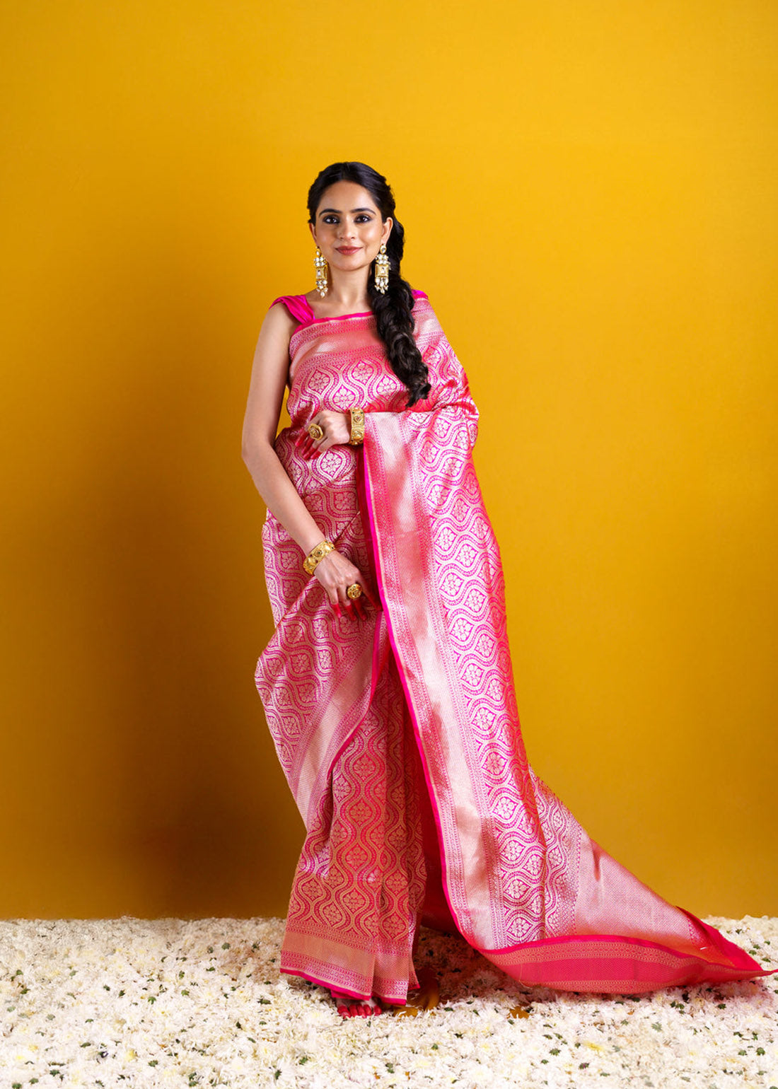 Pink full jaal kadhwa katan silk saree.