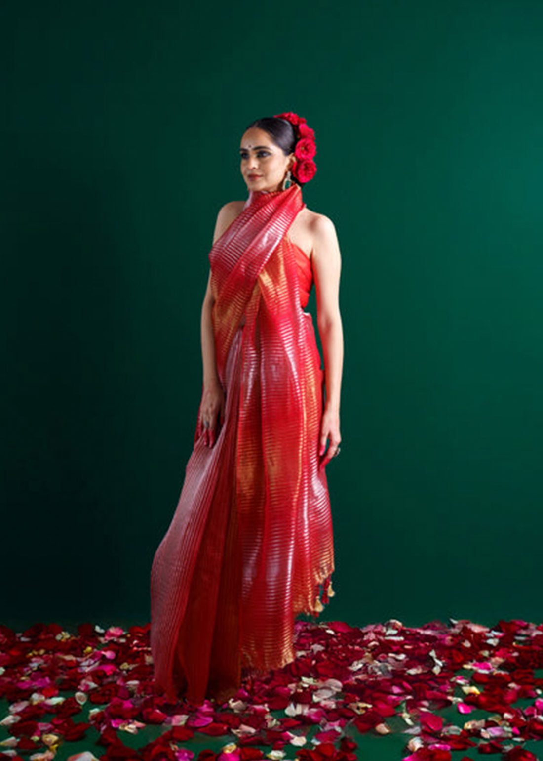 Red pure handloom kora tissue saree.