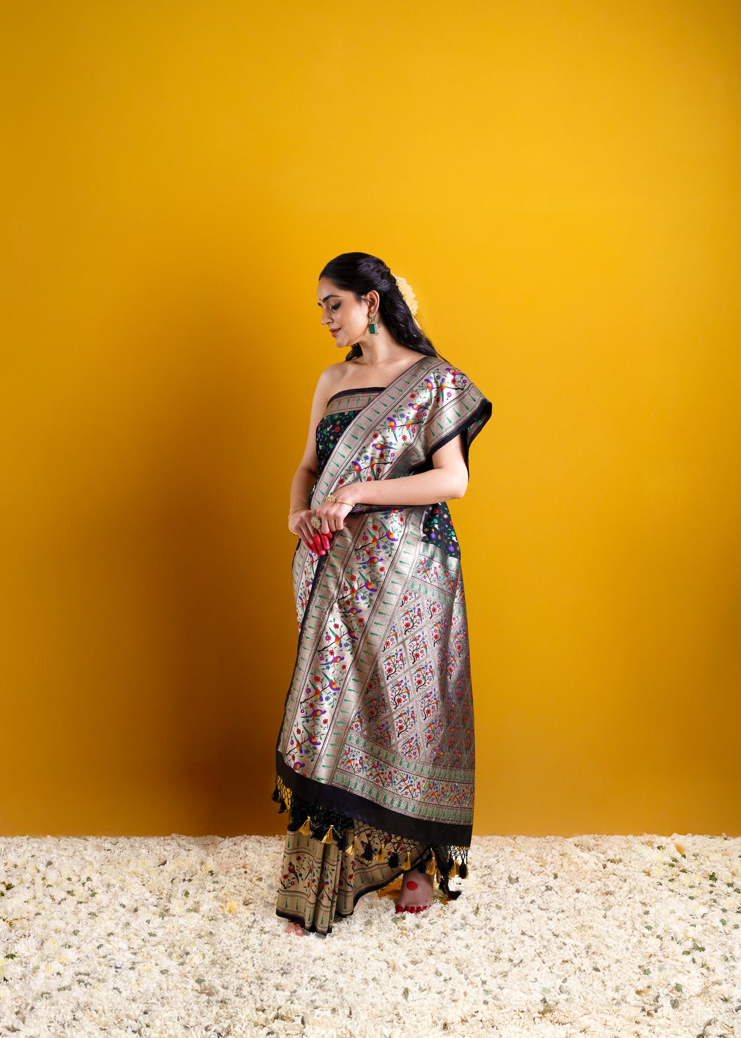 Black Banarasi Silk with Paithani weaving border and jaal weaving all over saree