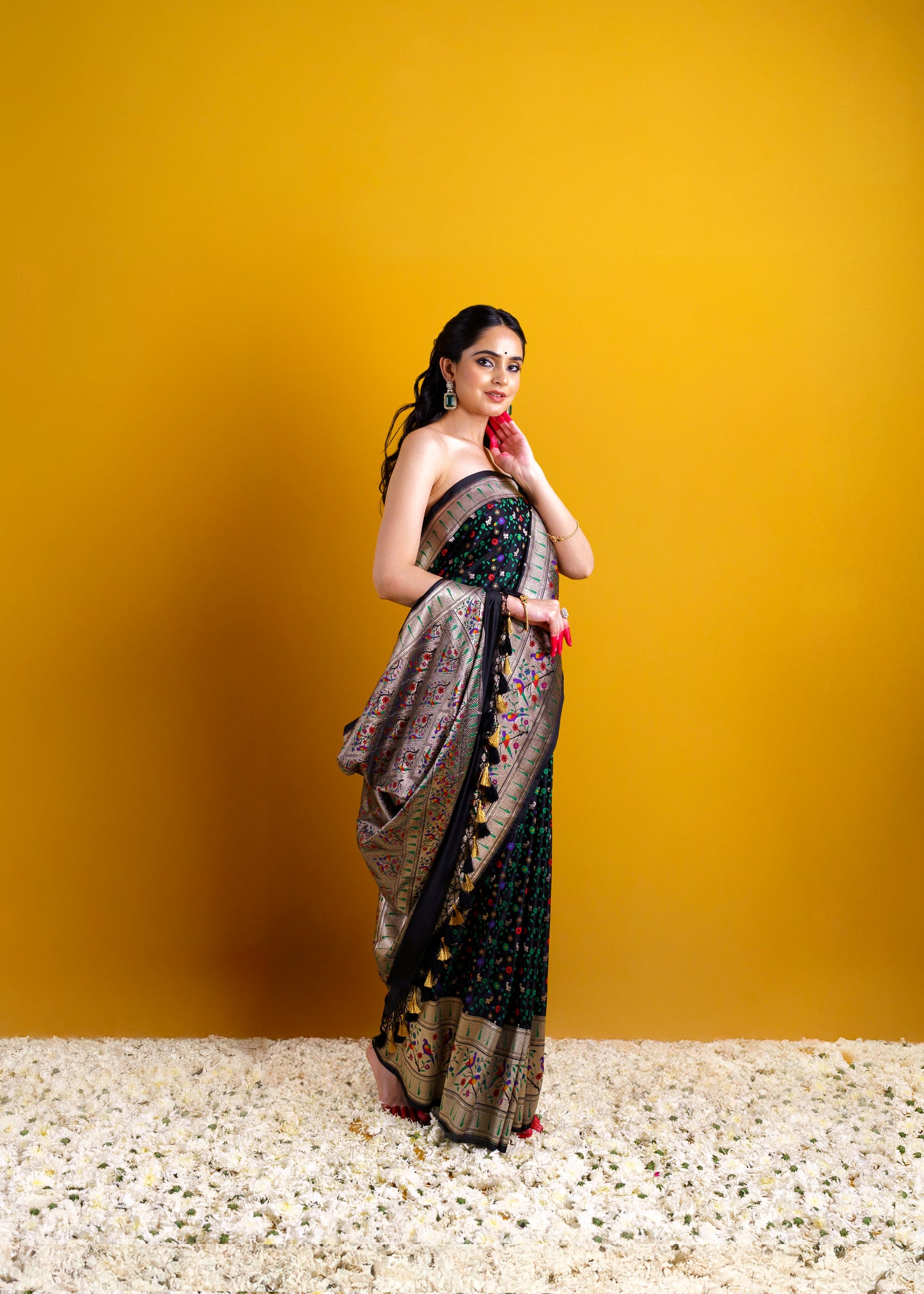 Black Banarasi Silk with Paithani weaving border and jaal weaving all over saree