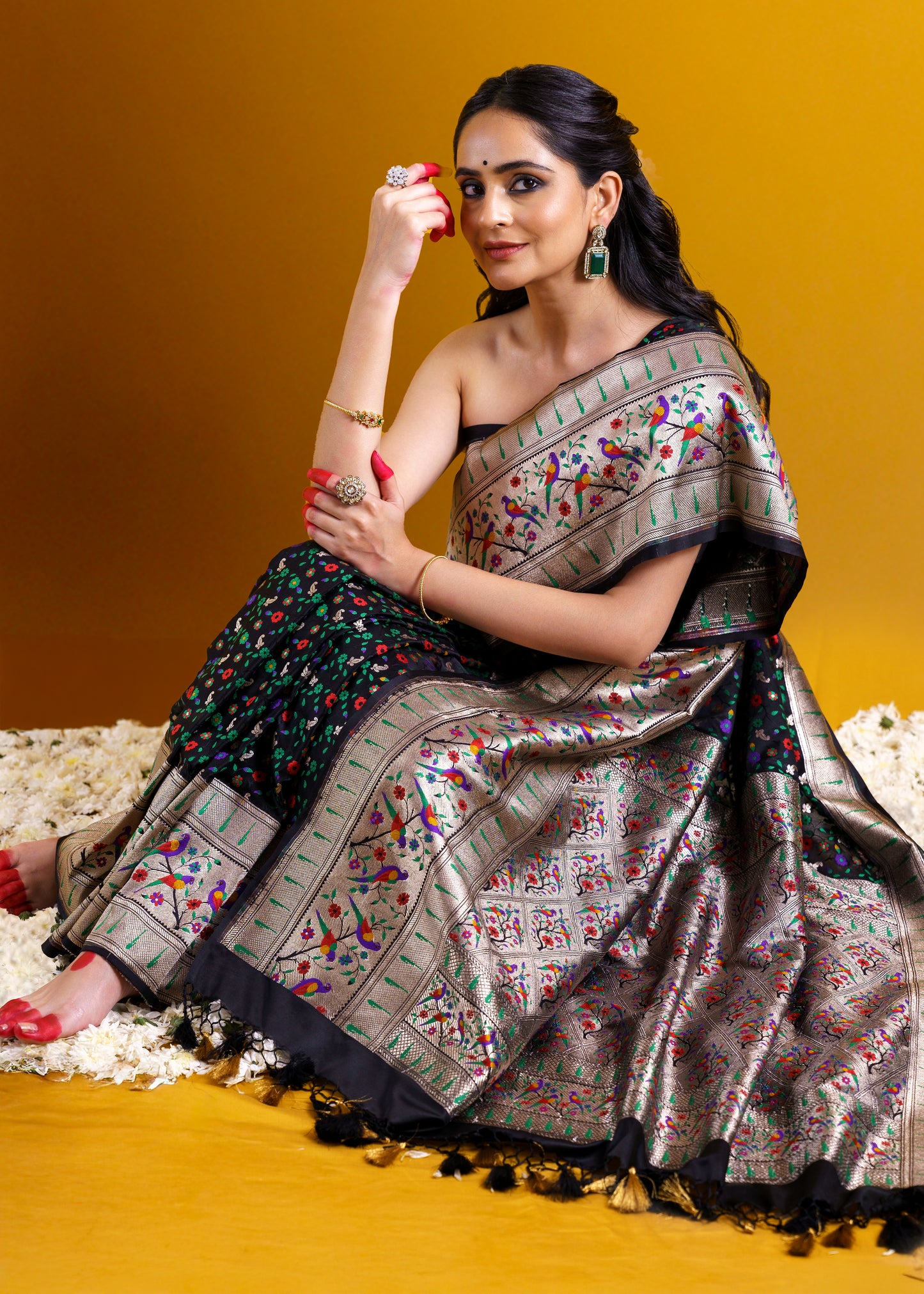 Black Banarasi Silk with Paithani weaving border and jaal weaving all over saree