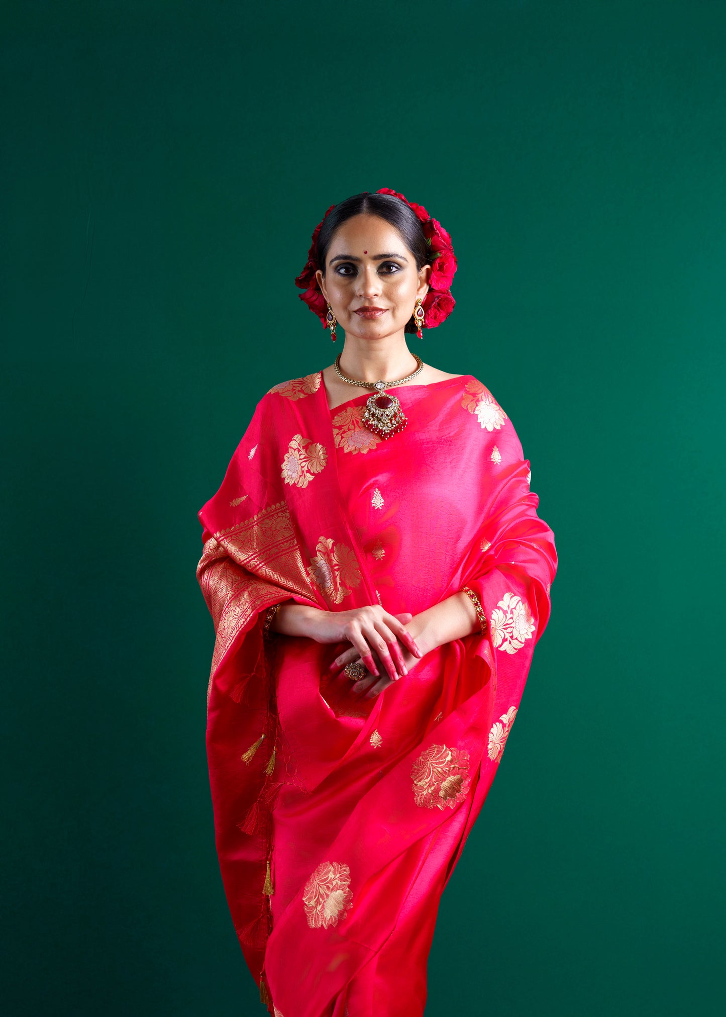 Red raw mango silk saree with katan satin border