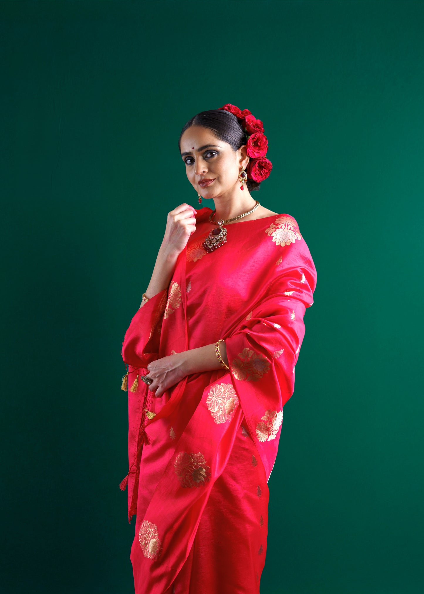 Red raw mango silk saree with katan satin border