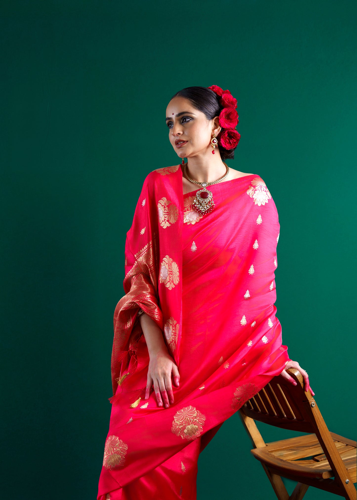 Red raw mango silk saree with katan satin border