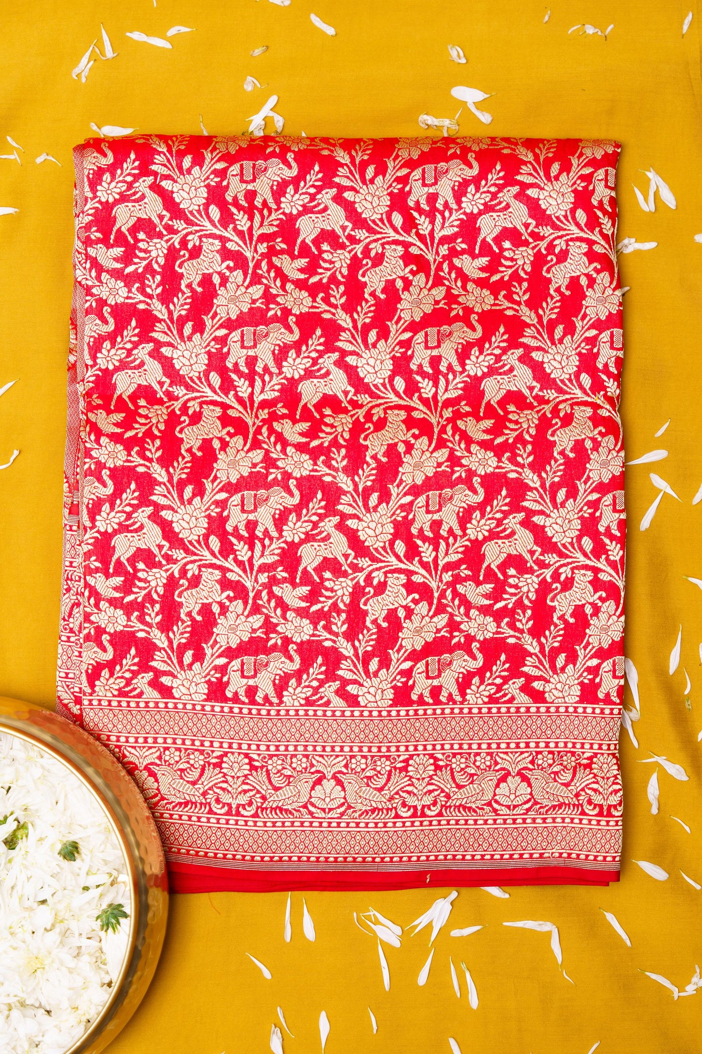 Red pure katan shikargah pure silk saree