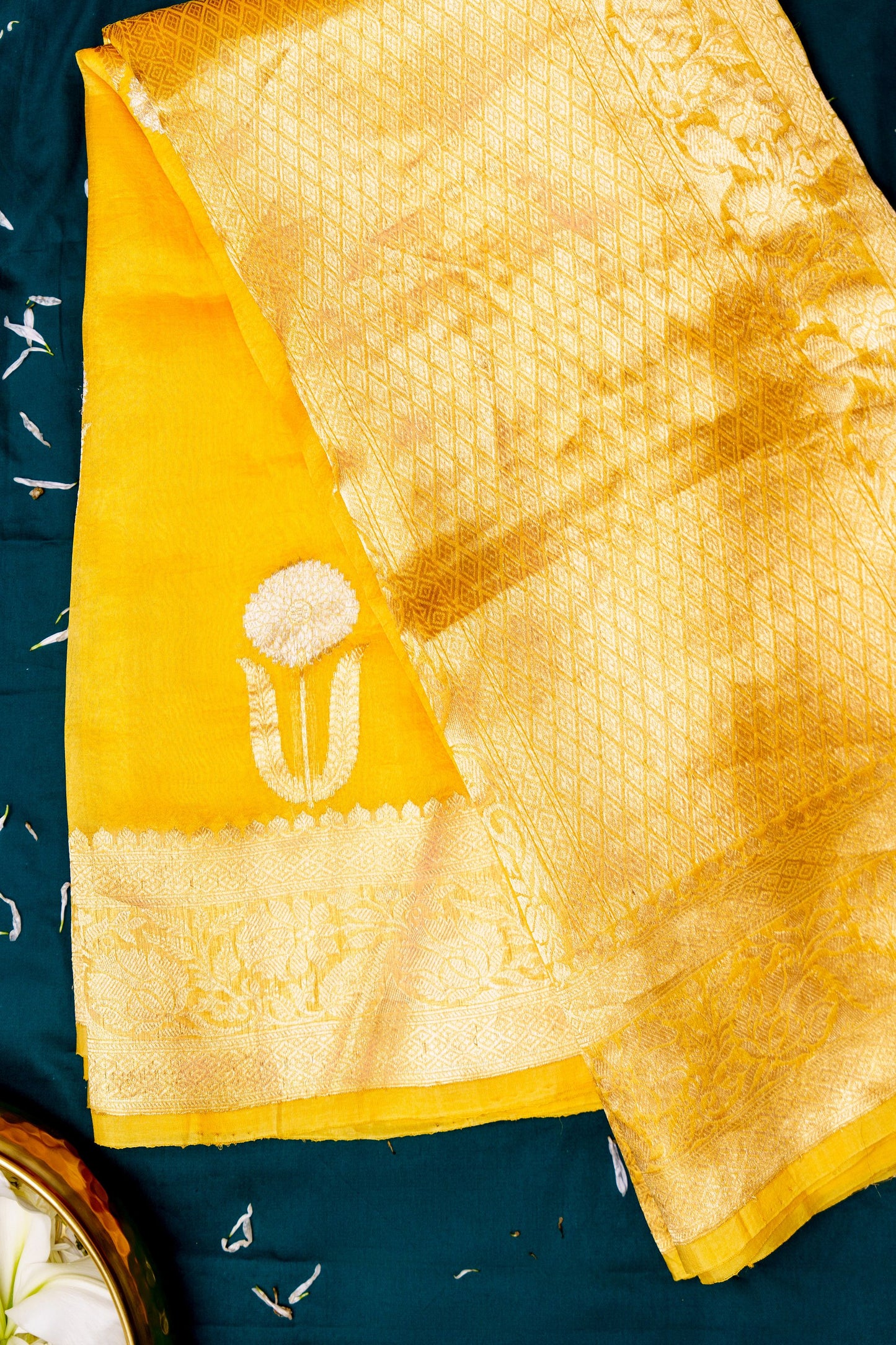 Yellow kora silk sona roopa booti saree