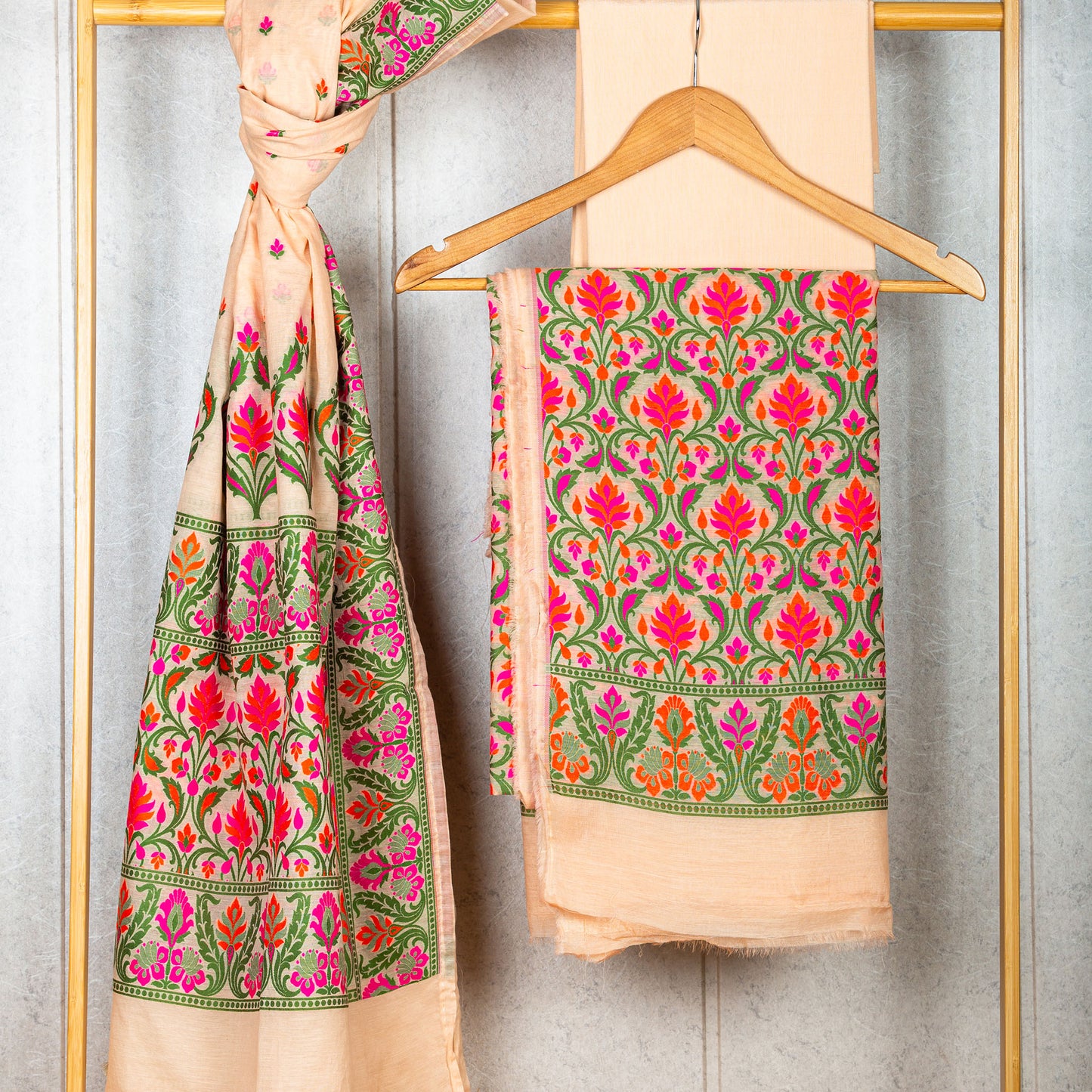 Peach Full Jaal Weaving Chanderi Cotton Suit Set (Pit Handwoven)