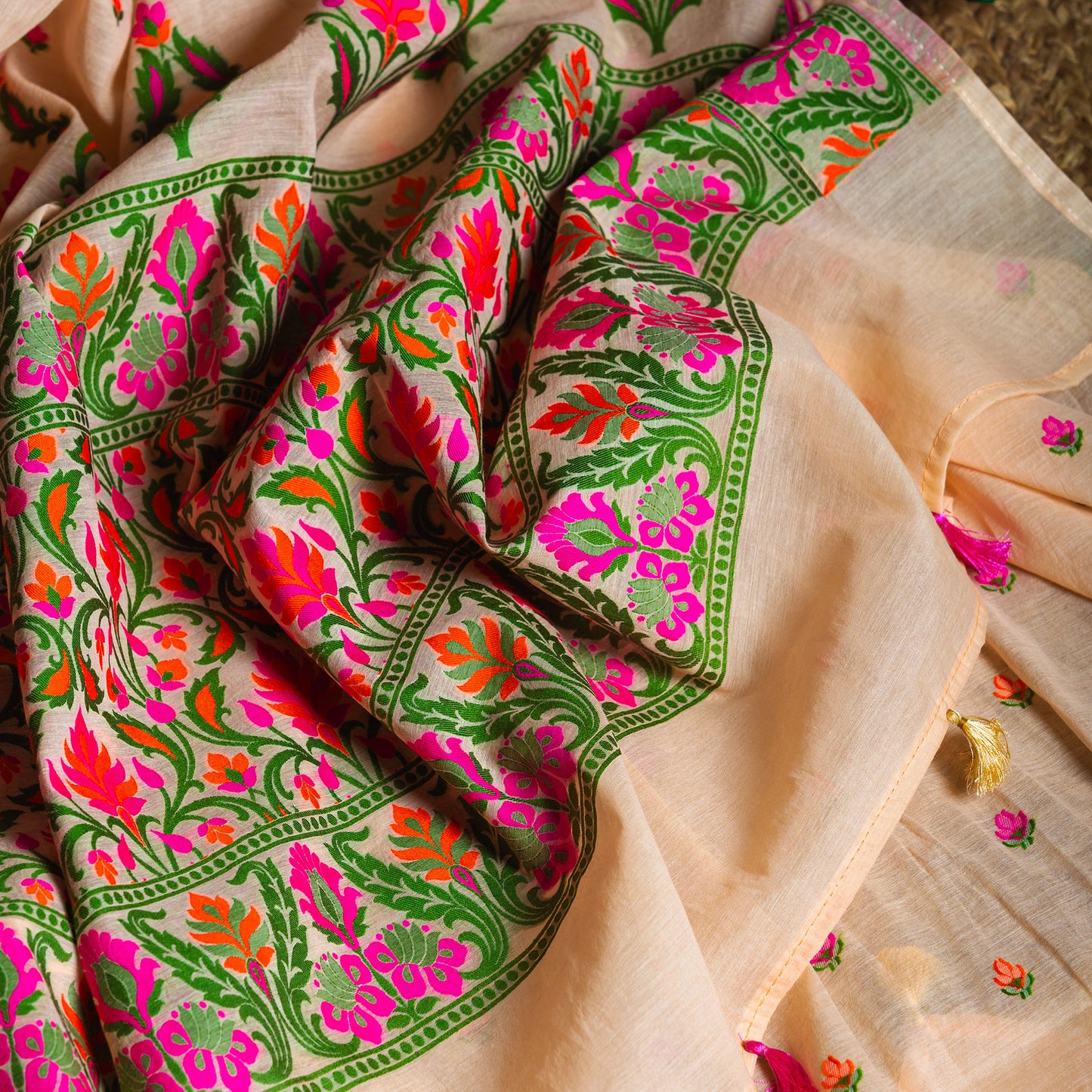 Peach Full Jaal Weaving Chanderi Cotton Suit Set (Pit Handwoven)