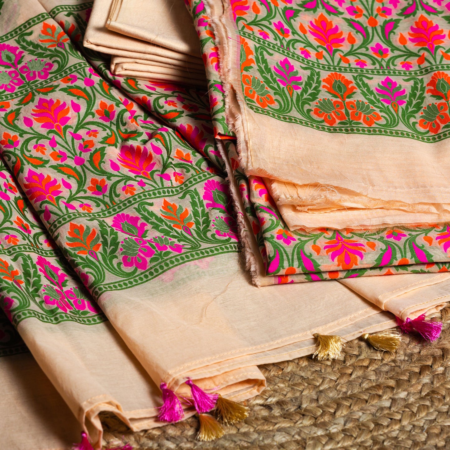 Peach Full Jaal Weaving Chanderi Cotton Suit Set (Pit Handwoven)