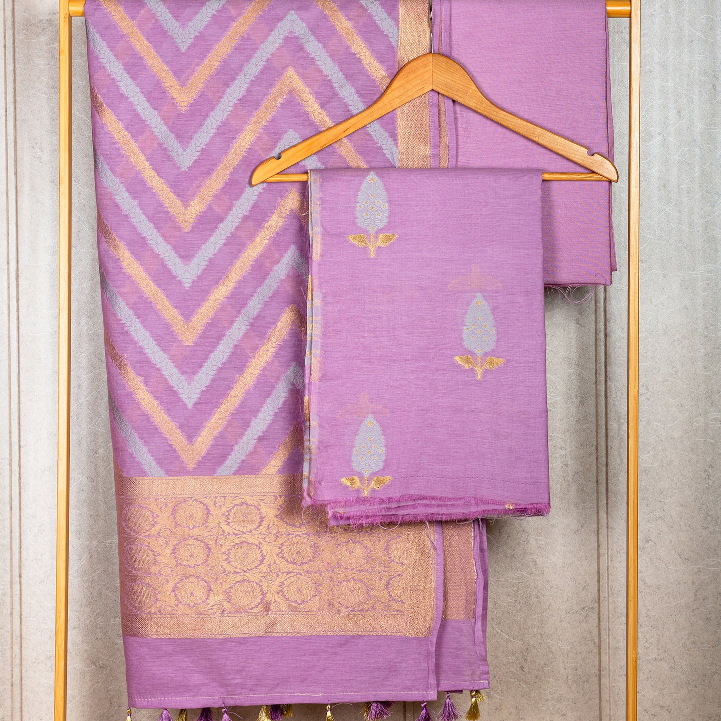 Lavender Beautiful triangle weaving Chanderi Cotton Suit Set