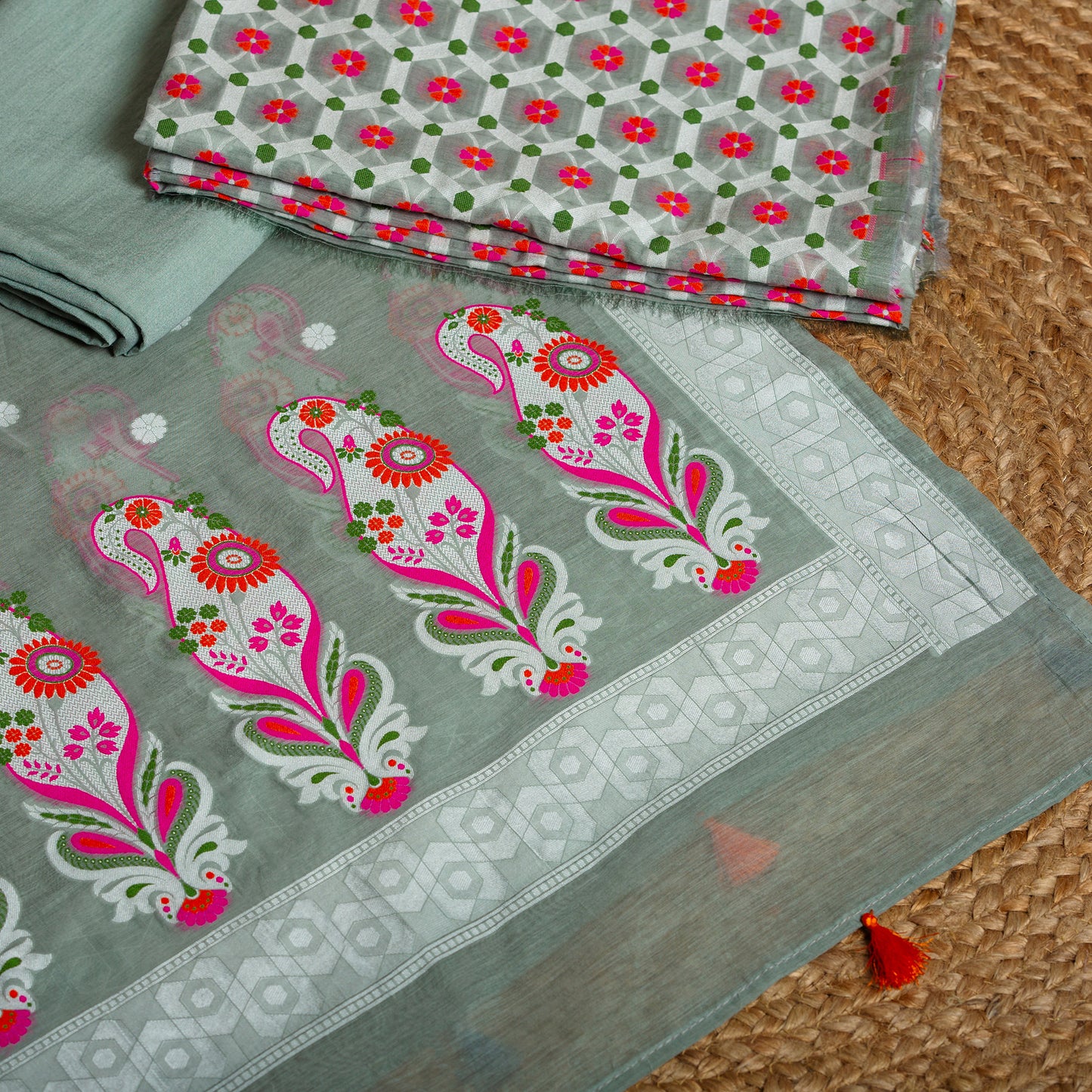 Grey Full jaal purecotton meenakari suit with meenakari dupatta, plain bottom