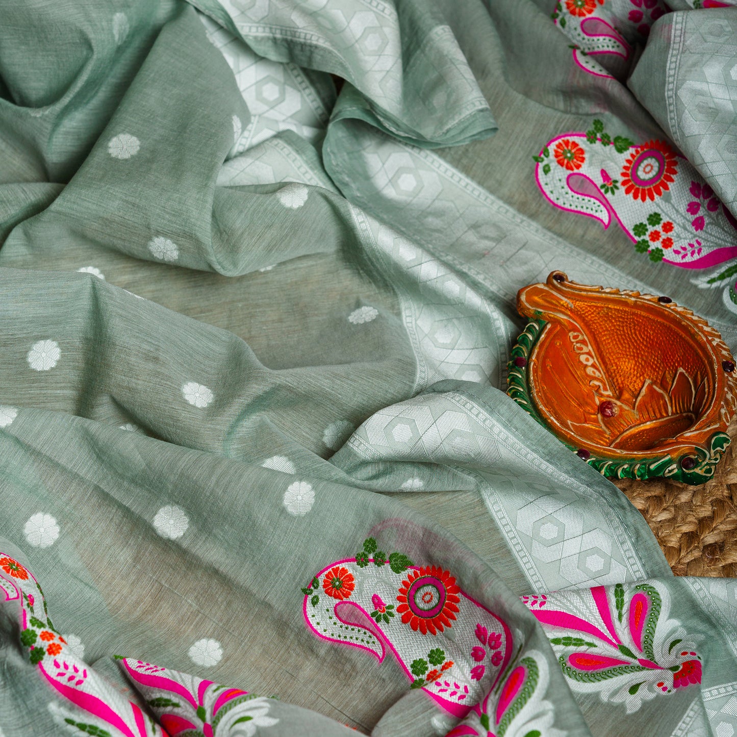 Grey Full jaal purecotton meenakari suit with meenakari dupatta, plain bottom