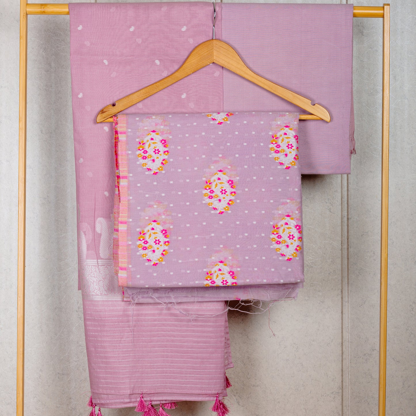Purple booti meenakari work and one color woven dupatta, plain bottom