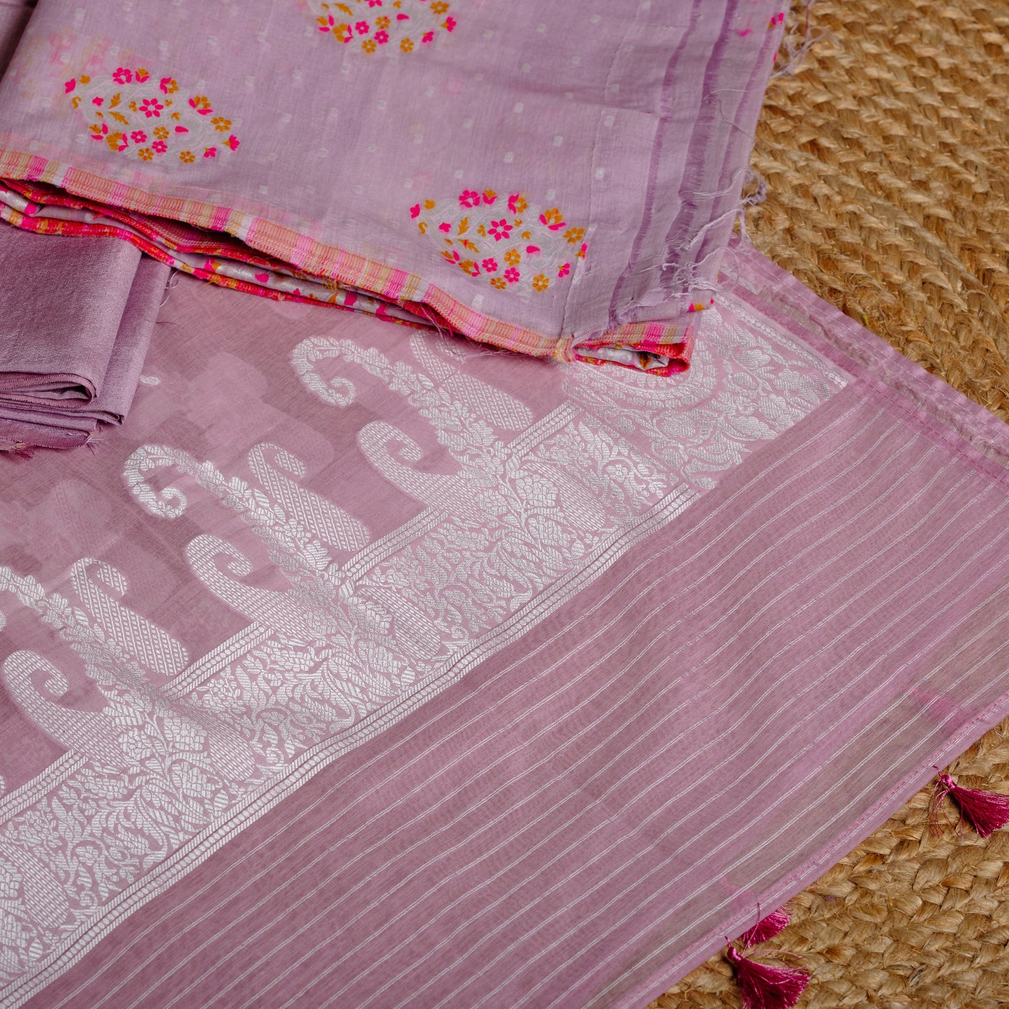 Purple booti meenakari work and one color woven dupatta, plain bottom