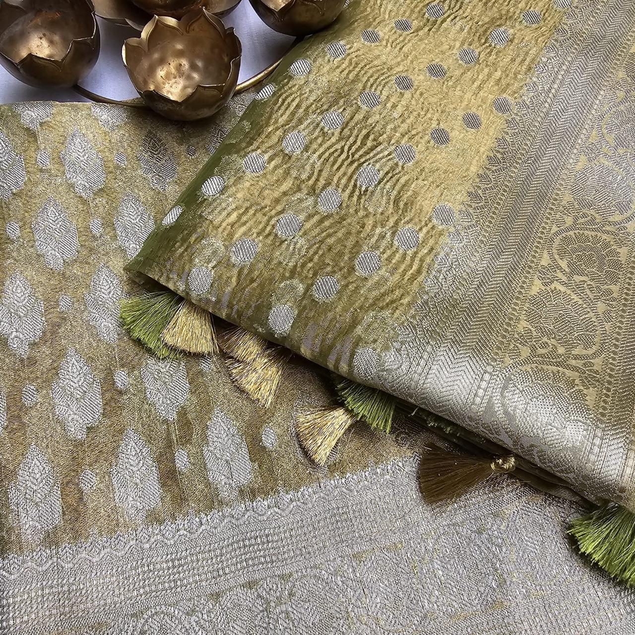 Green Crush Tissue Weaving kurta, Crush tissue dupatta, plain bottom