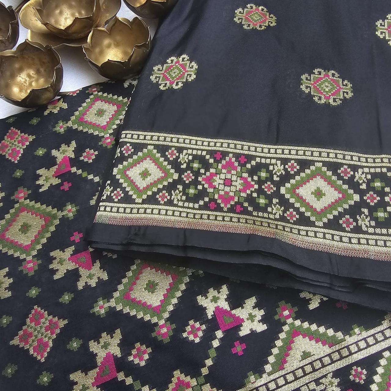 Black Chiniya silk Gharchola weaving kurta, weaving dupatta, plain bottom