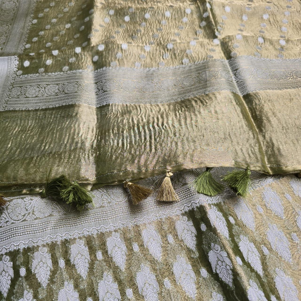 Green Crush Tissue Weaving kurta, Crush tissue dupatta, plain bottom