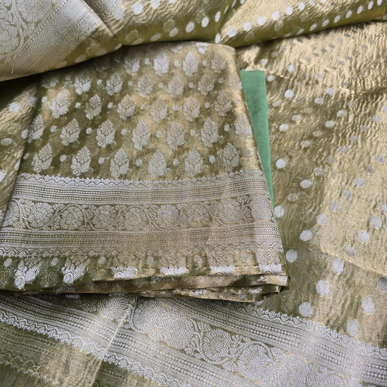 Green Crush Tissue Weaving kurta, Crush tissue dupatta, plain bottom