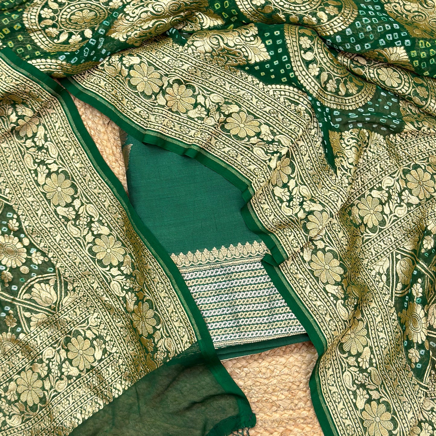 Green Chiniya silk suit with Khaddi georgette dupatta