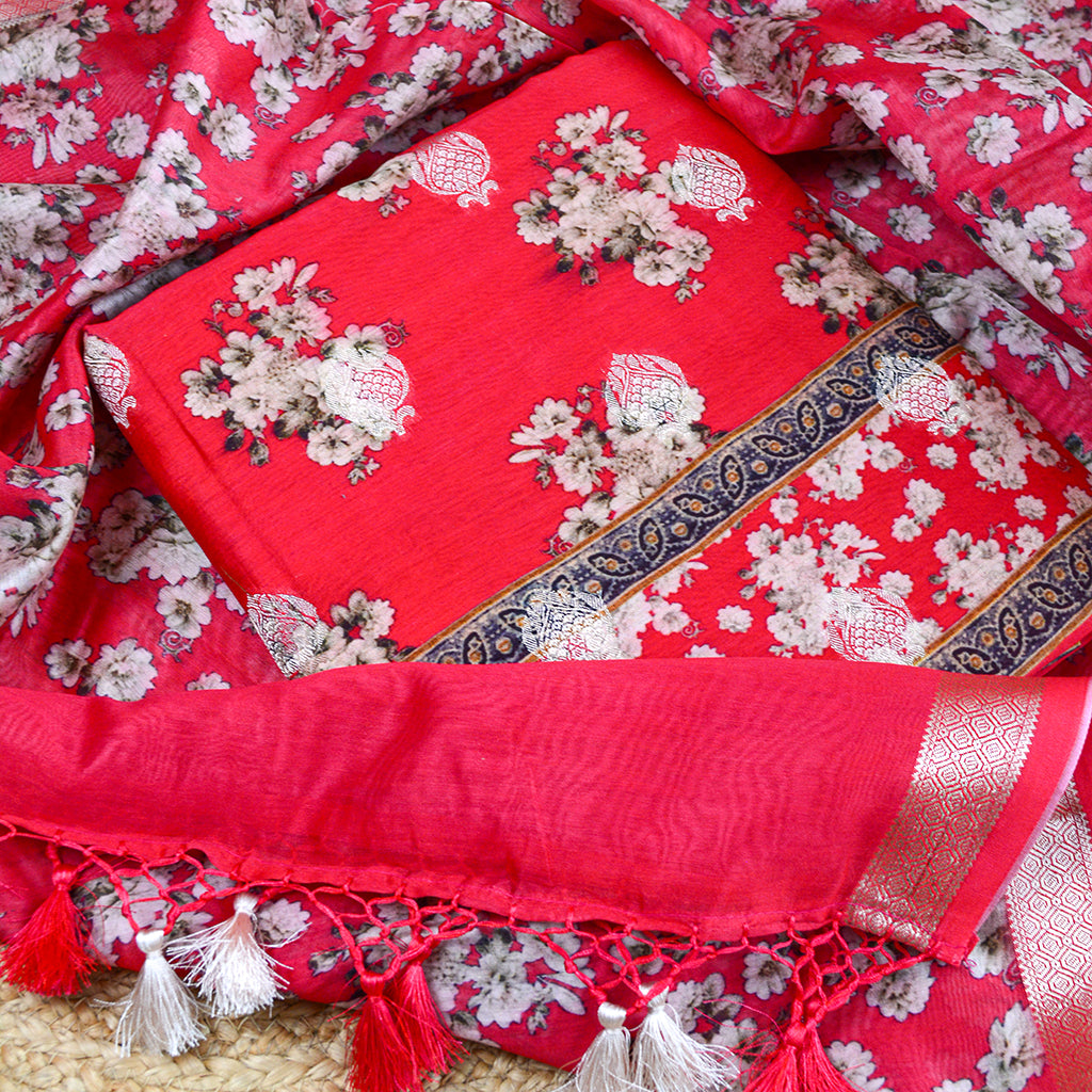 Red Chanderi silk printed suit set
