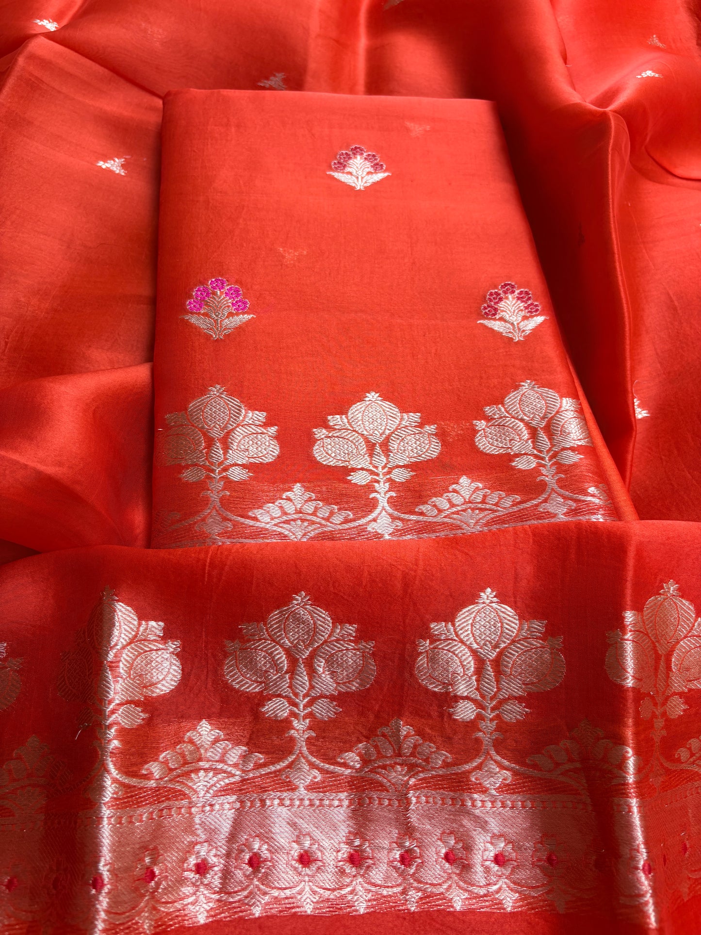 Orange kora kadhwa silk suit set
