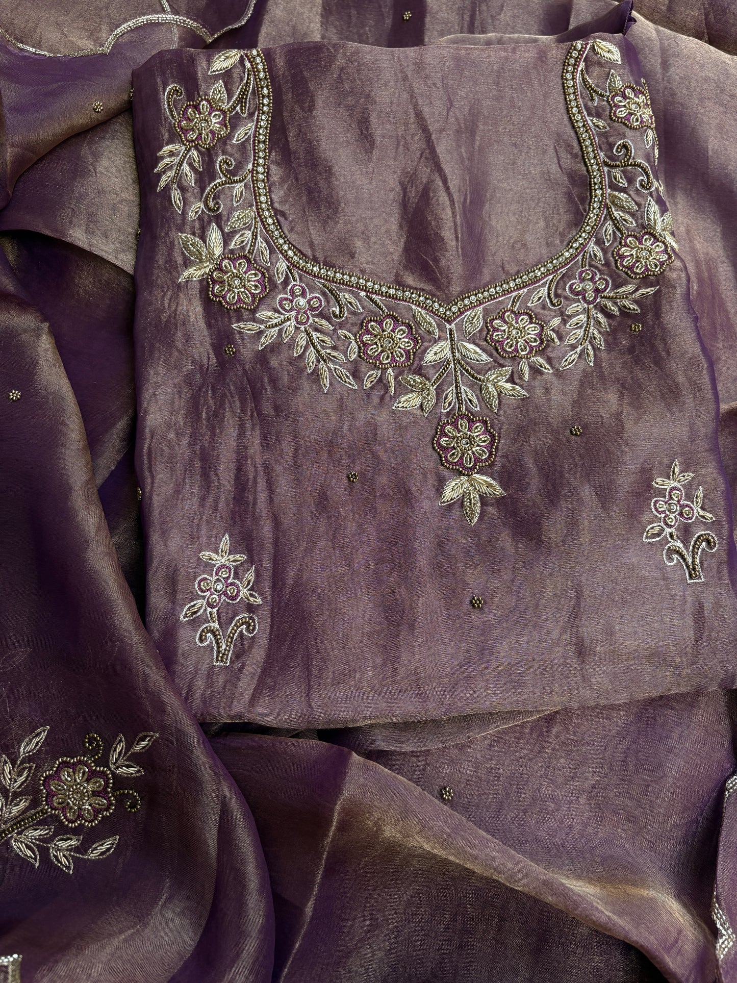 Purple tissue hand embroidered suit set