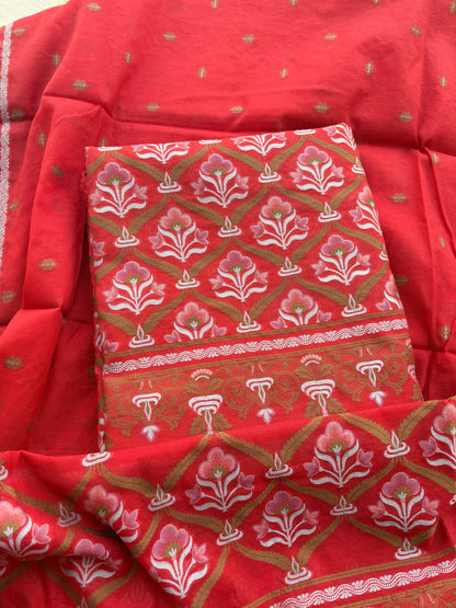 Red Chanderi brocade weaving suit set