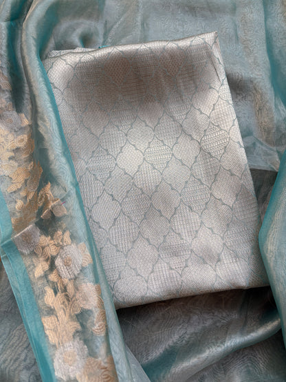 Blue pure tissue brocade silk suit set