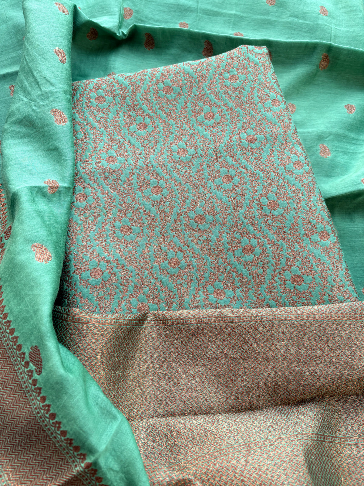 Green cotton silk brocade suit set