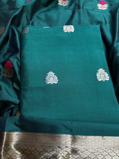 Green Chiniya silk kurta, bottom, katan silk kadhwa dupatta