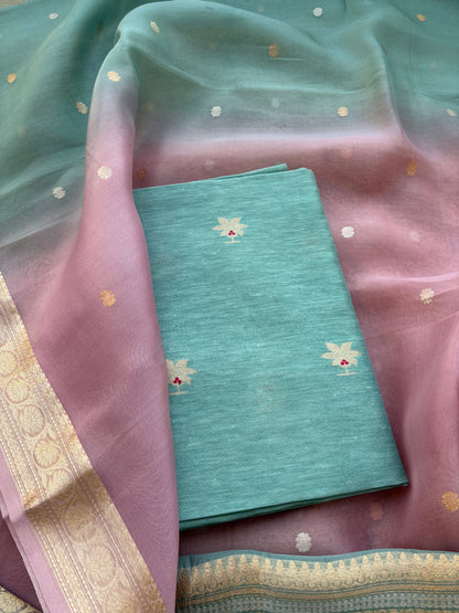 Blue linen silk kadhwa with kora silk shaded dupatta