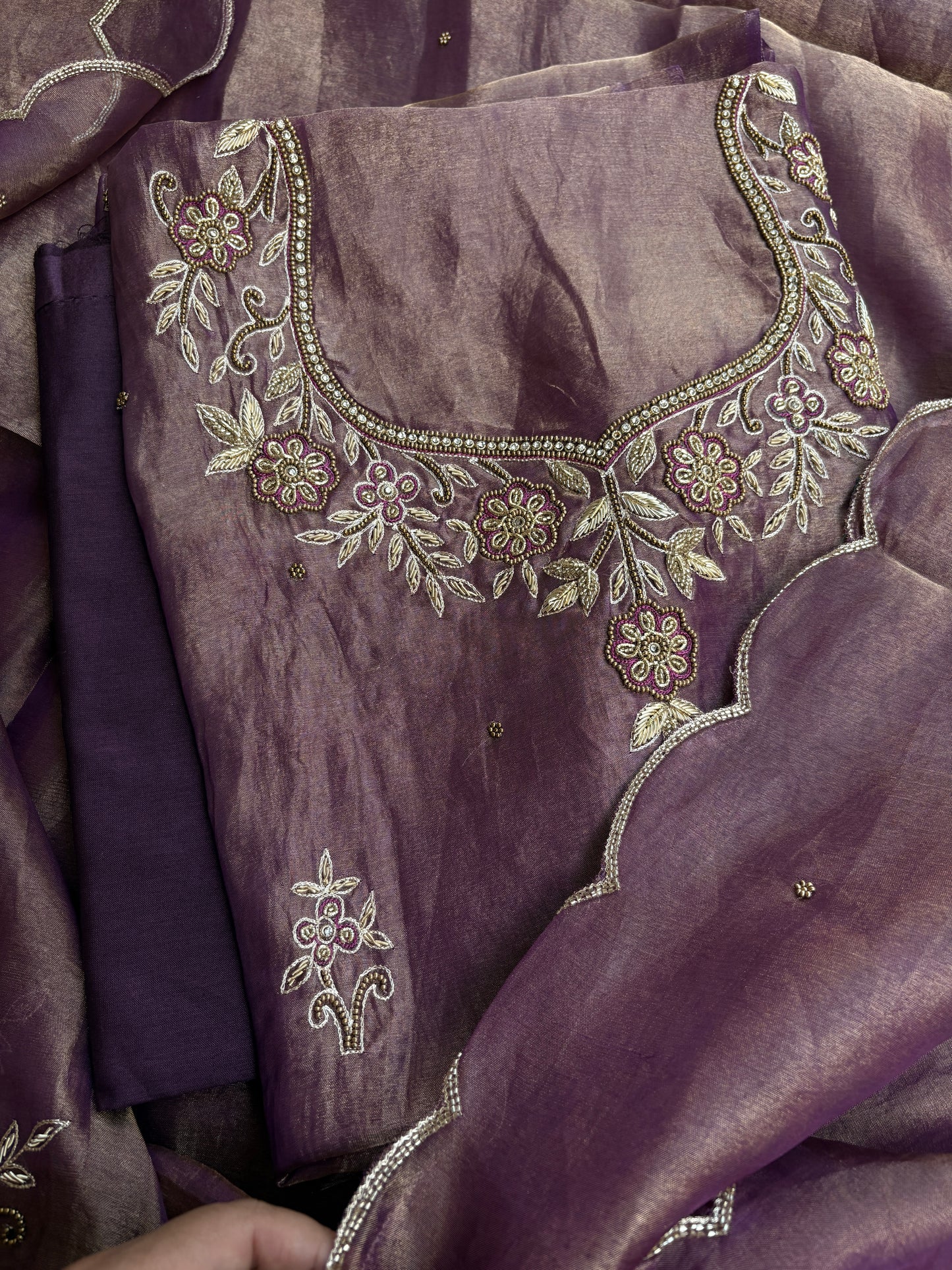 Purple tissue hand embroidered suit set