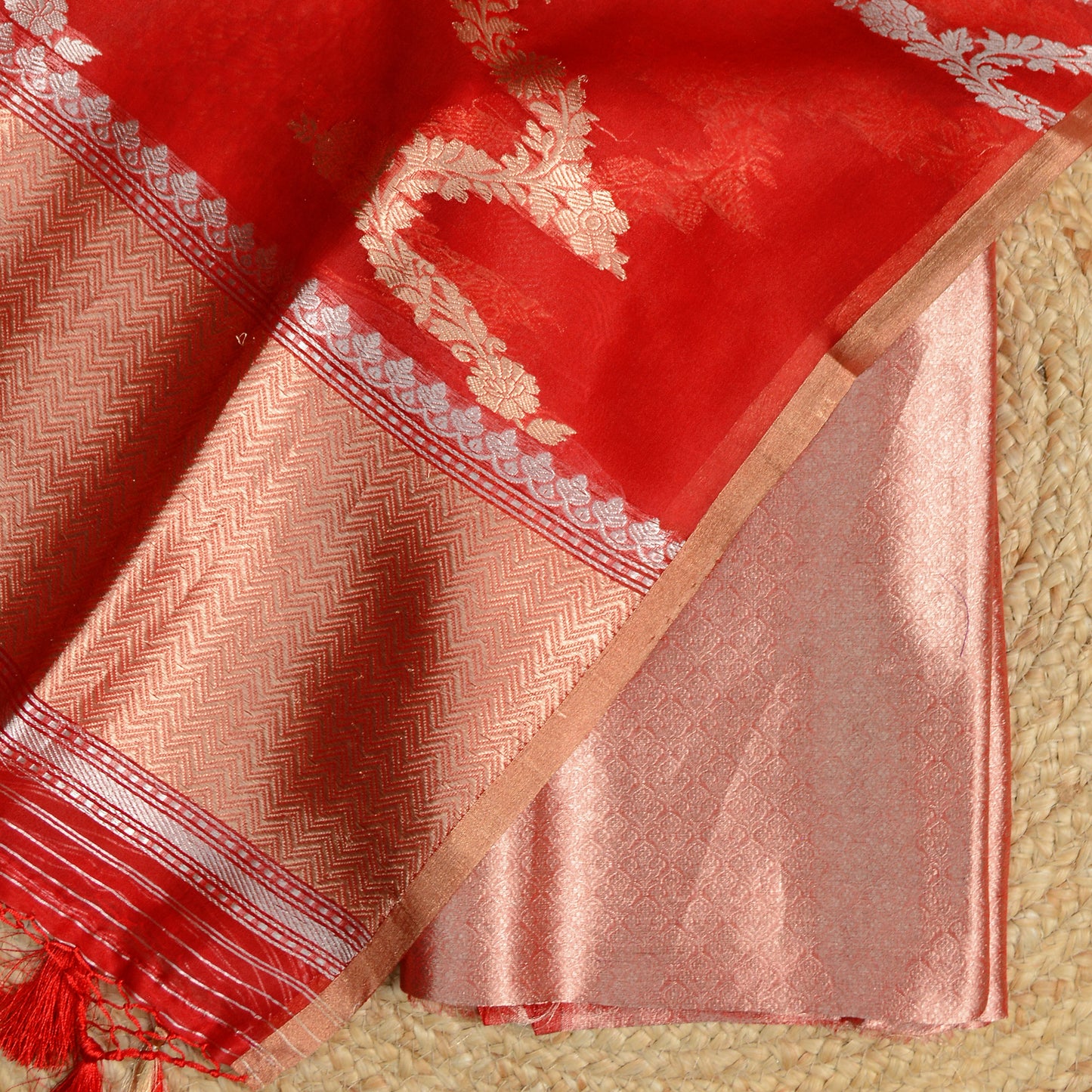 Red katan tissue suit set with kora silk dupatta