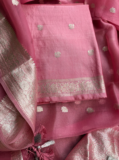 Pink silver zari Chiniya kora suit set
