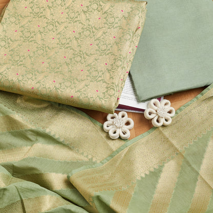 Green Brocade Chanderi kurta, Stripe design Chanderi dupatta, plain bottom