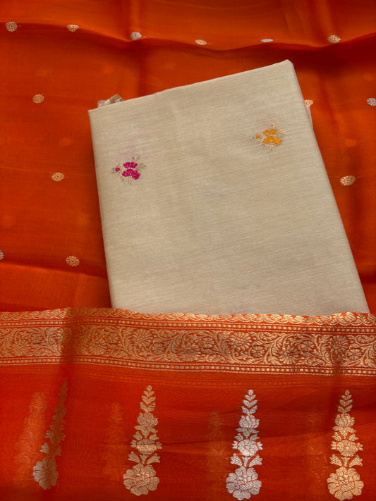 Cream moonga silk kurta, bottom and kora silk dupatta