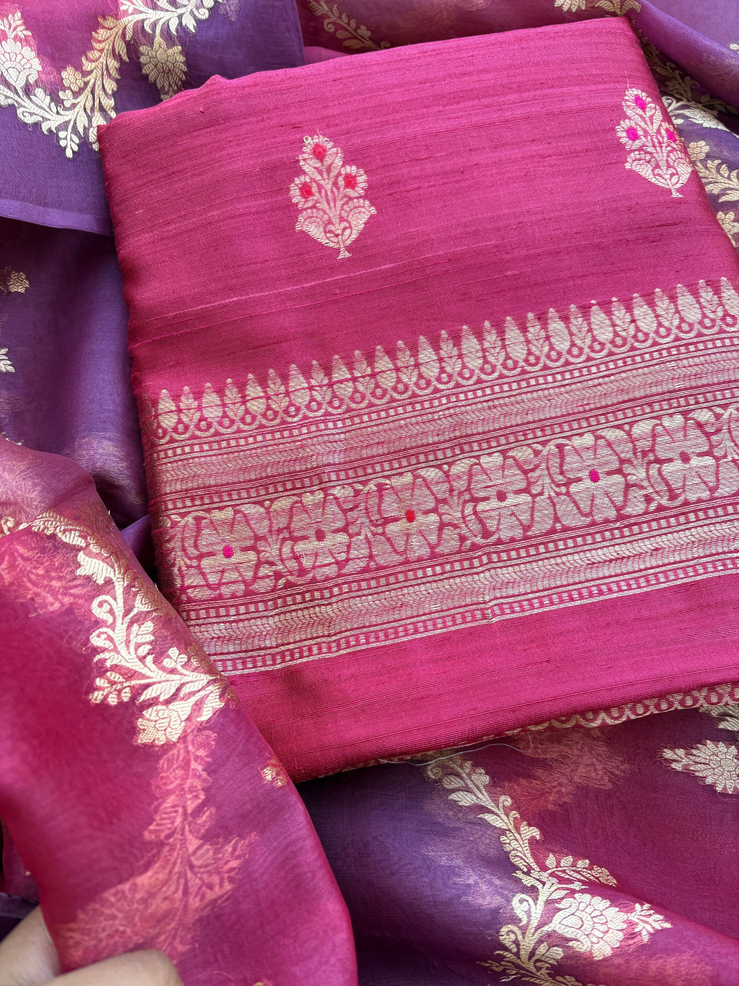 Pink raw silk suit with rangkat dupatta